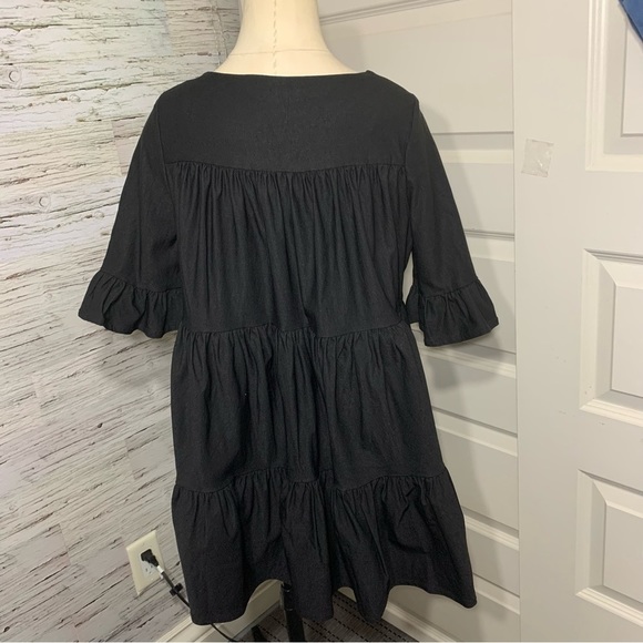 EMMA Knudsen Black Babydoll Mini Shift Dress Ruffles Relax Fit 1/2 Sleeve Sz XS - Picture 7 of 12